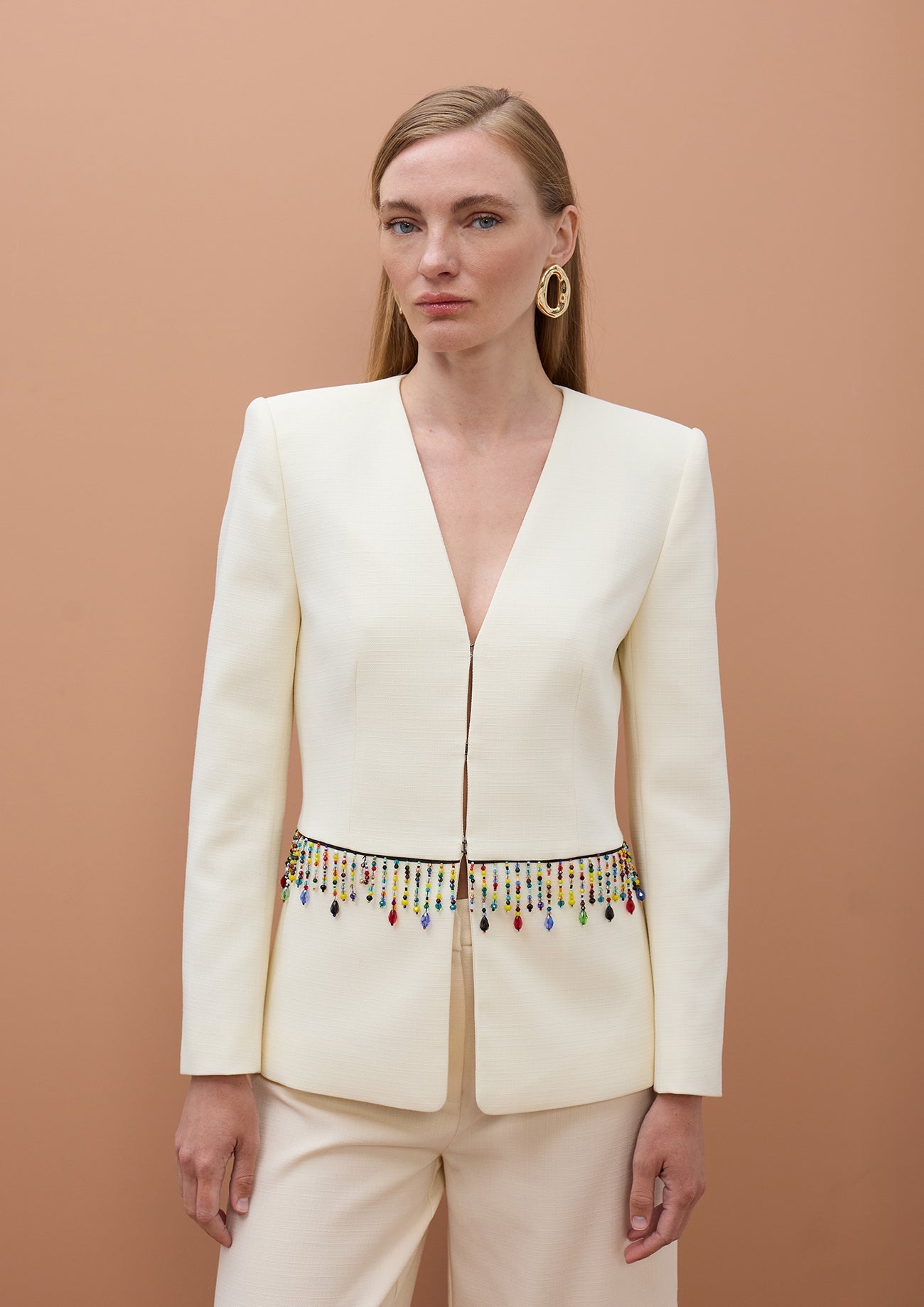 Fitted Blazer with Colorful Stones at Waist