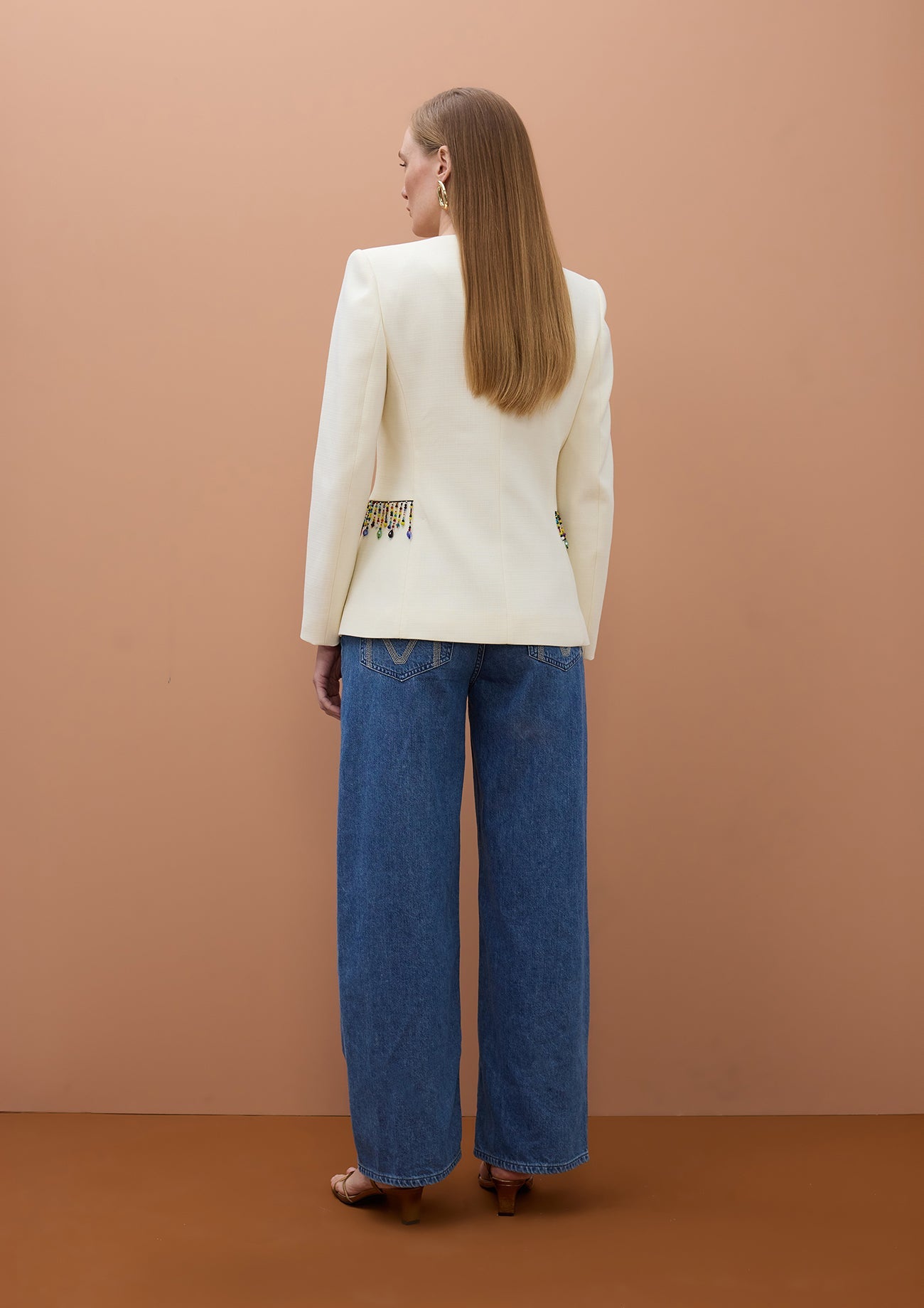 Fitted Blazer with Colorful Stones at Waist