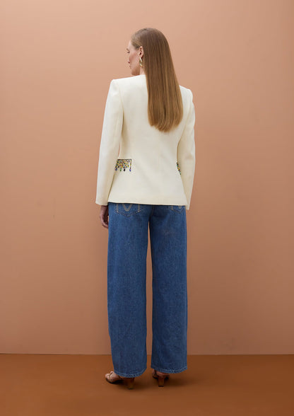 Fitted Blazer with Colorful Stones at Waist