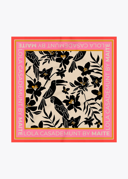 Satin Scarf with Floral and Bird Print