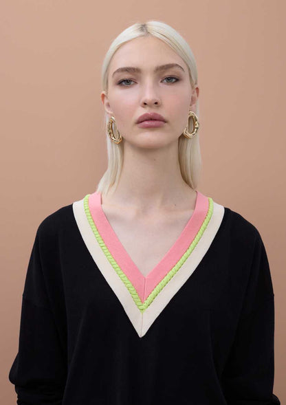 Contrast V-Neck Sweater with Braid Detail