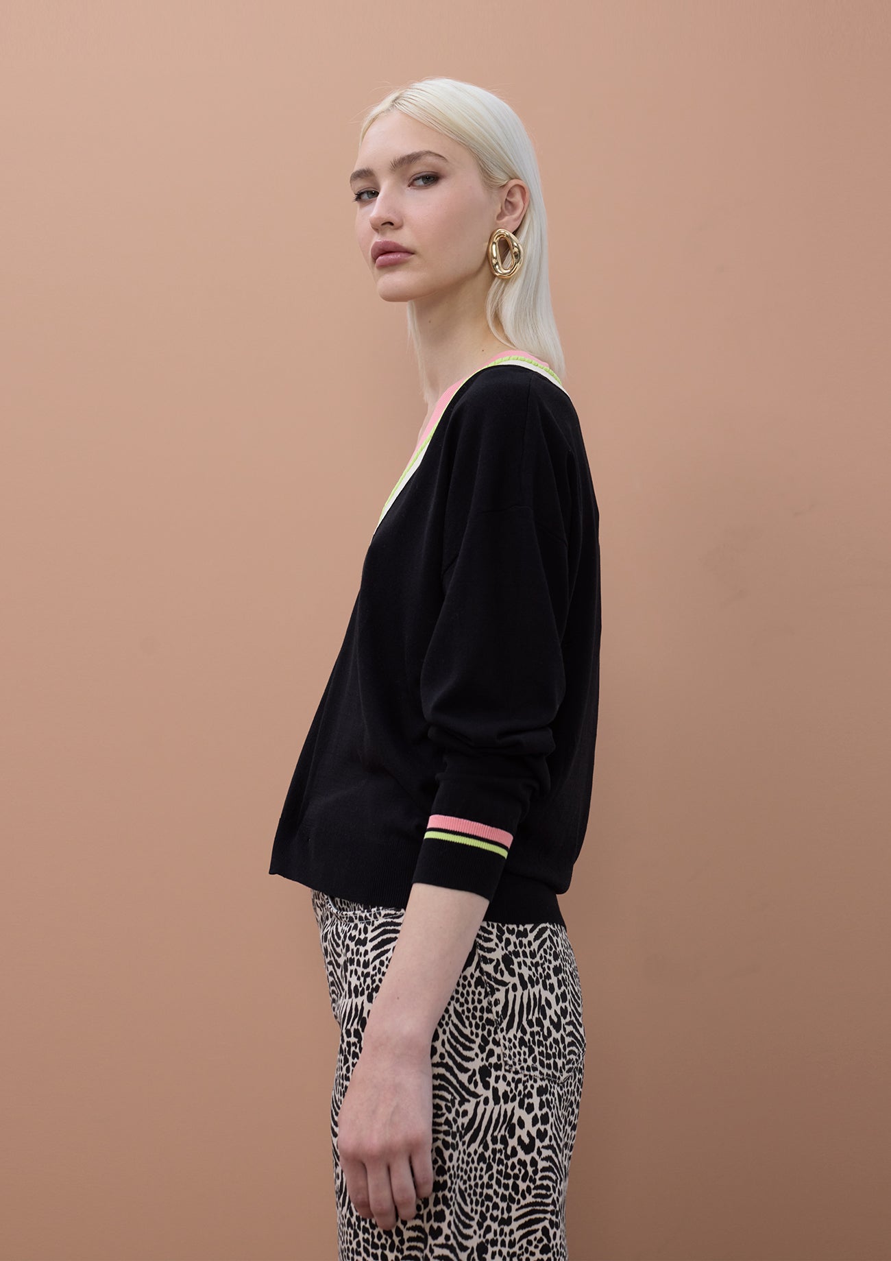 Contrast V-Neck Sweater with Braid Detail