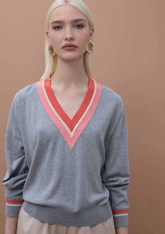 Contrast V-Neck Sweater with Braid Detail