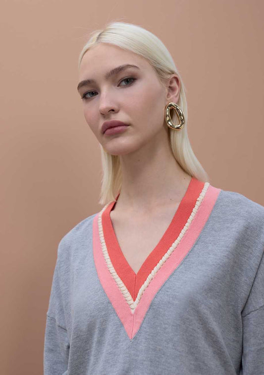 Contrast V-Neck Sweater with Braid Detail