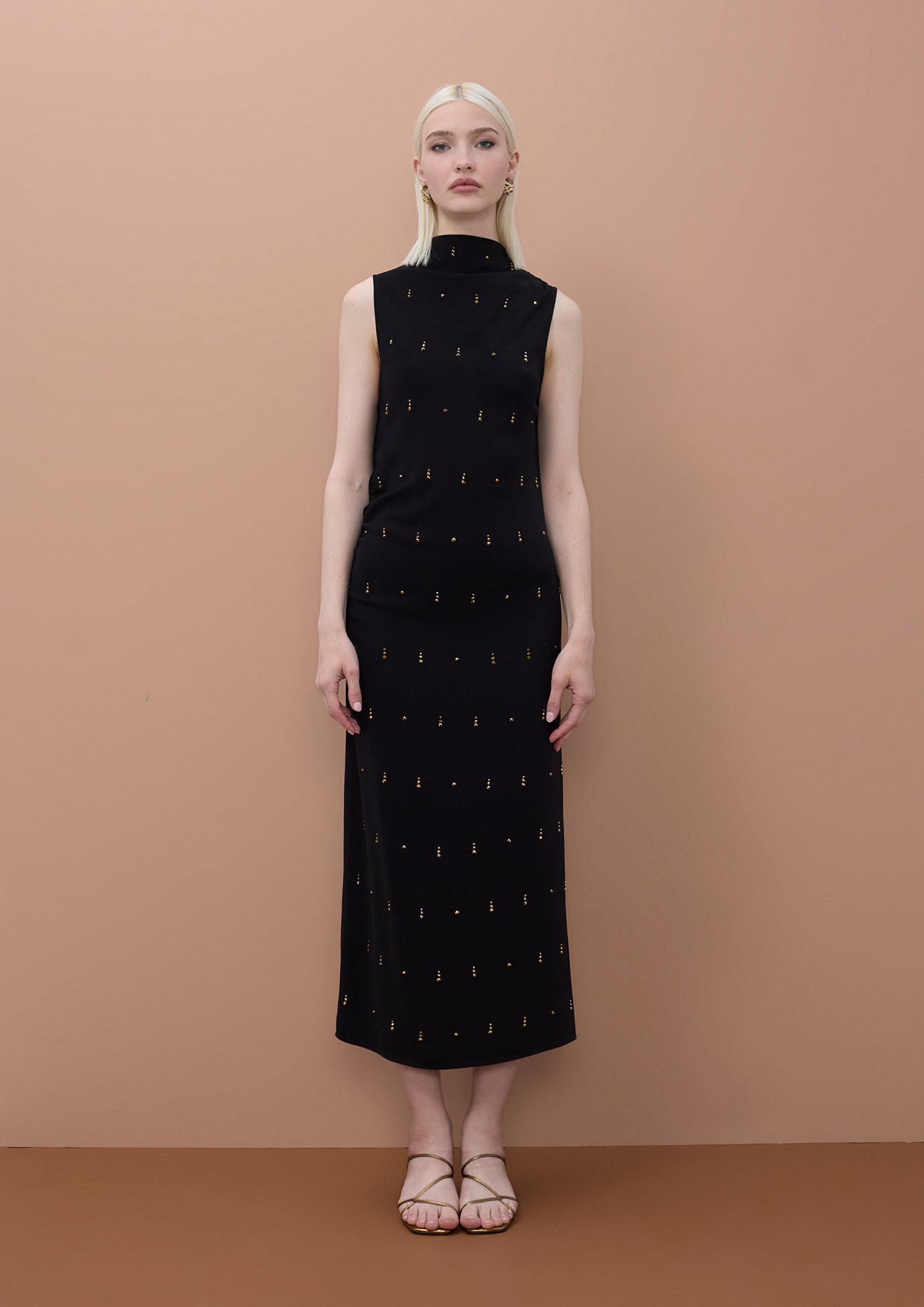 Sleeveless Midi Dress with Stone Detail