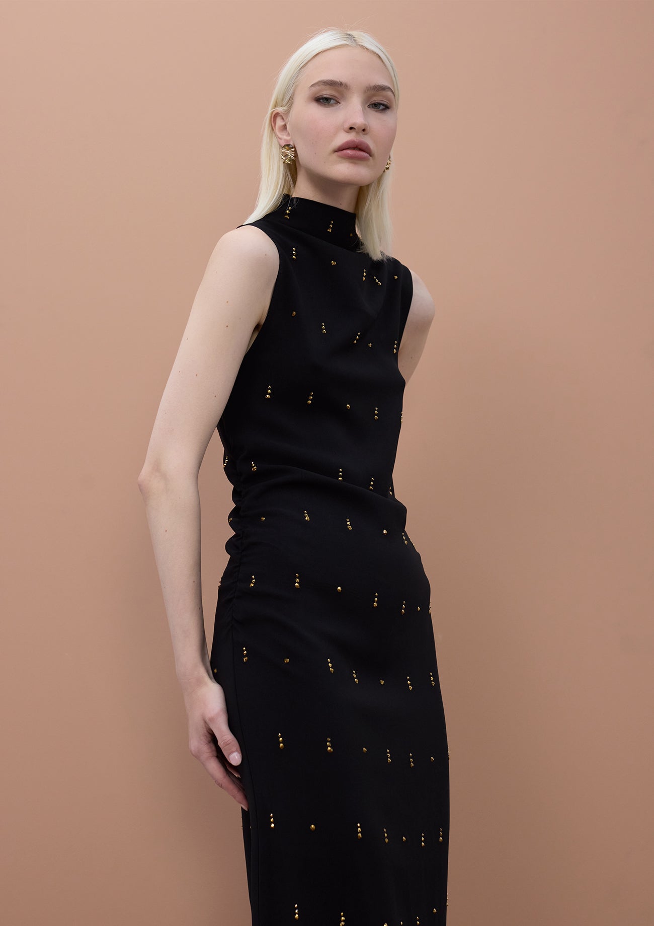 Sleeveless Midi Dress with Stone Detail