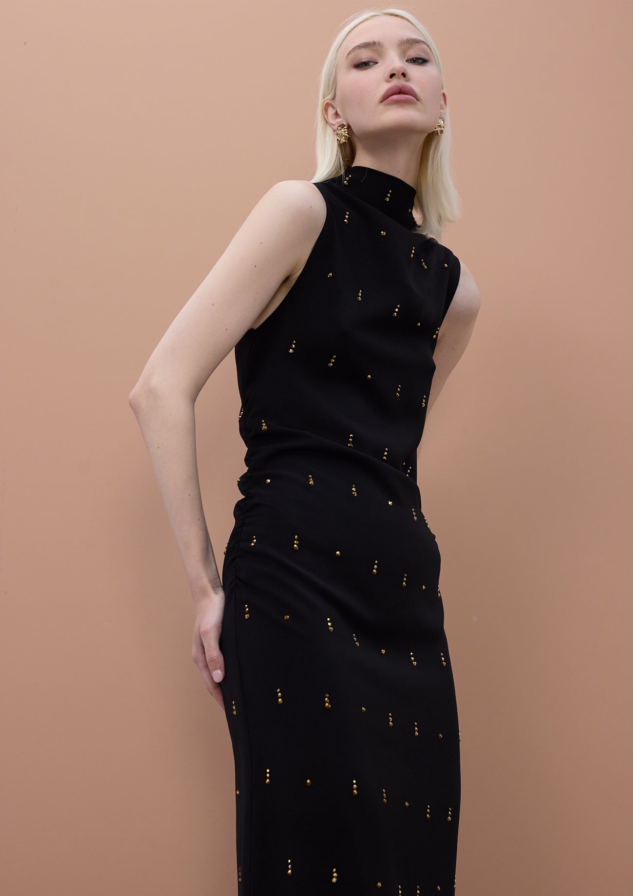 Sleeveless Midi Dress with Stone Detail
