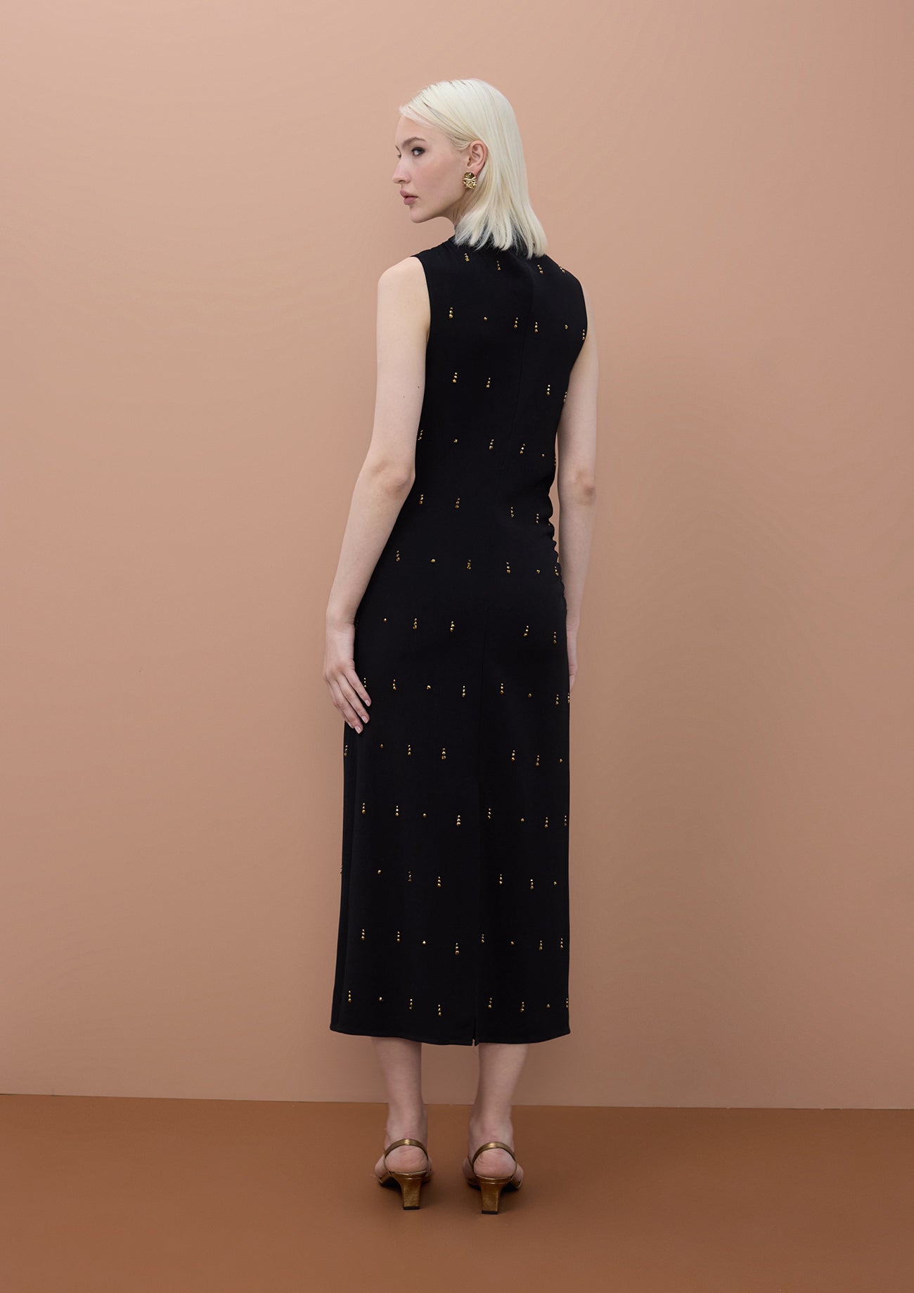 Sleeveless Midi Dress with Stone Detail