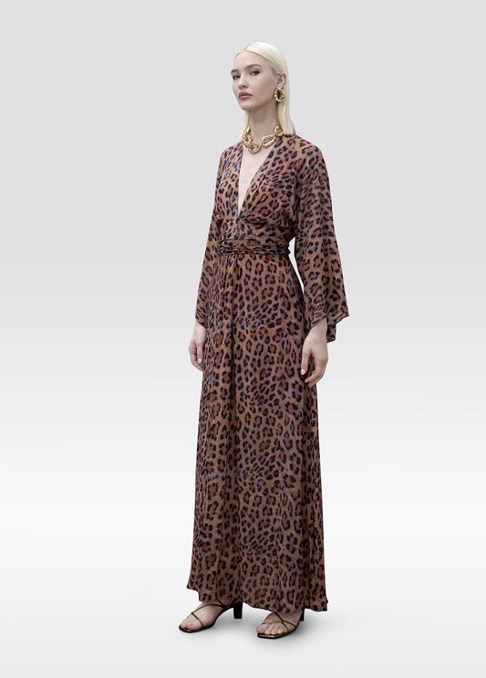 Long Dress Wide Sleeve Adjustable Belt Animal Print