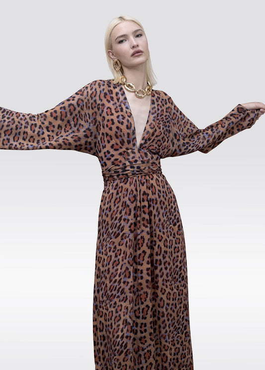 Long Dress Wide Sleeve Adjustable Belt Animal Print