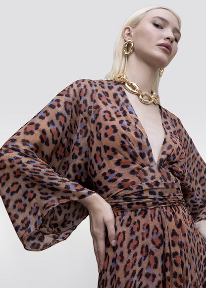 Long Dress Wide Sleeve Adjustable Belt Animal Print