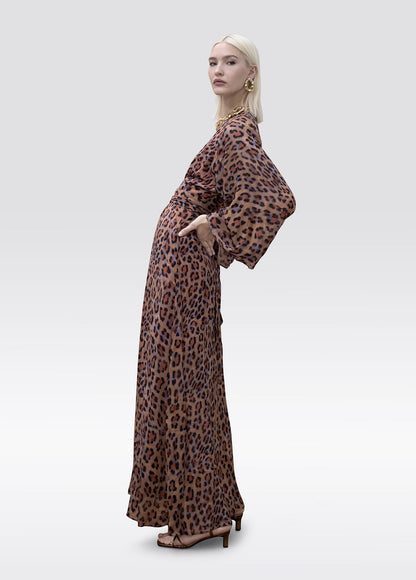 Long Dress Wide Sleeve Adjustable Belt Animal Print