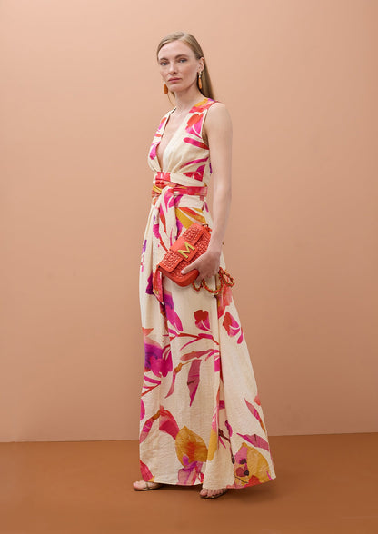 V-neck Dress with Adjustable Belt and Floral Print