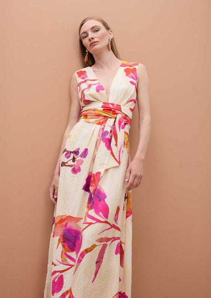 V-neck Dress with Adjustable Belt and Floral Print