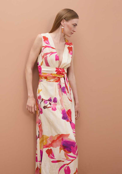 V-neck Dress with Adjustable Belt and Floral Print