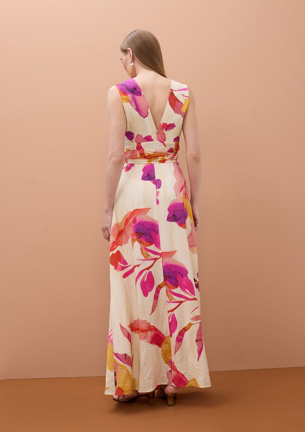 V-neck Dress with Adjustable Belt and Floral Print