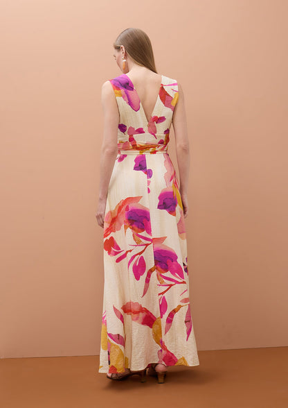 V-neck Dress with Adjustable Belt and Floral Print