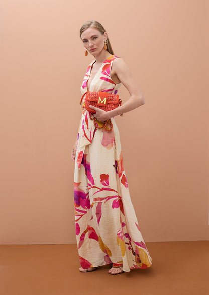 V-neck Dress with Adjustable Belt and Floral Print