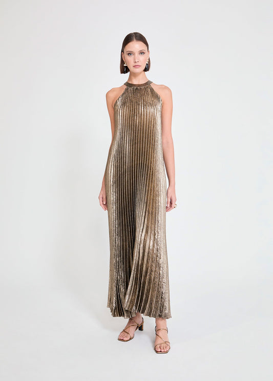 Gold Pleated Halter Dress