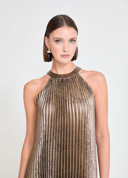 Gold Pleated Halter Dress