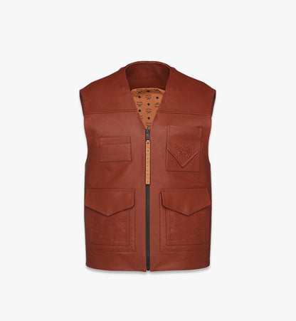 MHVFSMM02NR048-Reversible Vest in Lamb Leather and Monogram Nylon|BROWN