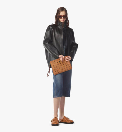 MXZAAVI03CO001-Wristlet Zip Pouch in Visetos Original|COGNAC