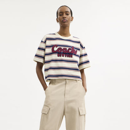CAH60-Cursive Coach Striped Cropped T-Shirt-Cream Multi