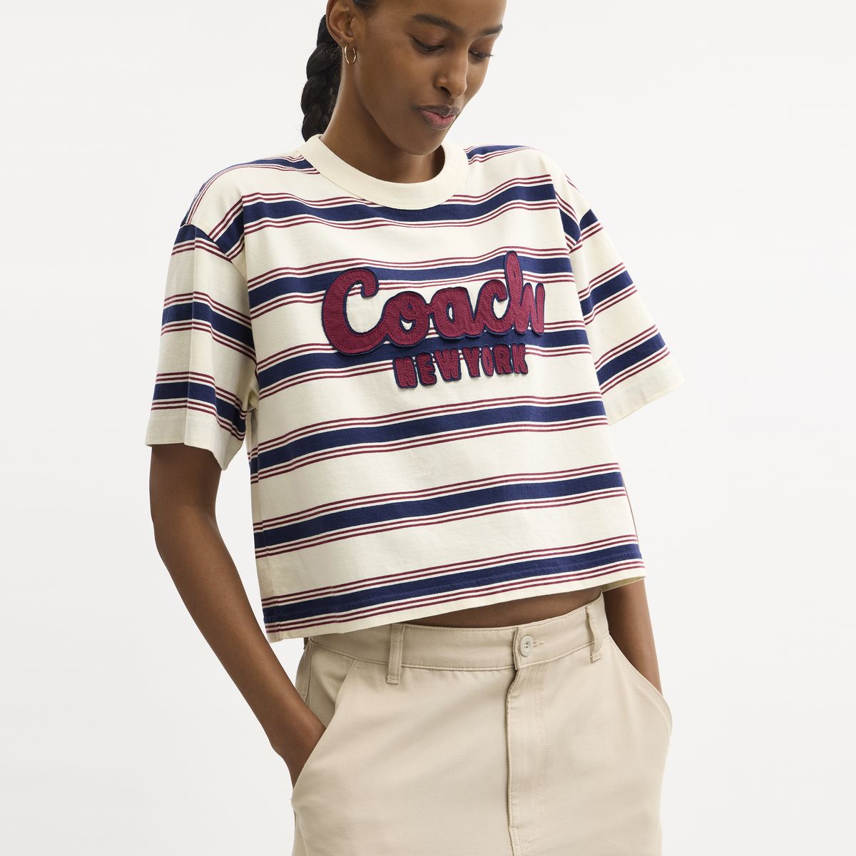 CAH60-Cursive Coach Striped Cropped T-Shirt-Cream Multi