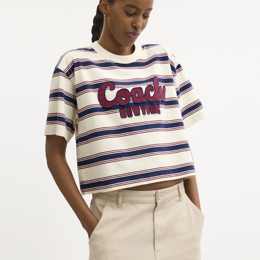 CAH60-Cursive Coach Striped Cropped T-Shirt-Cream Multi