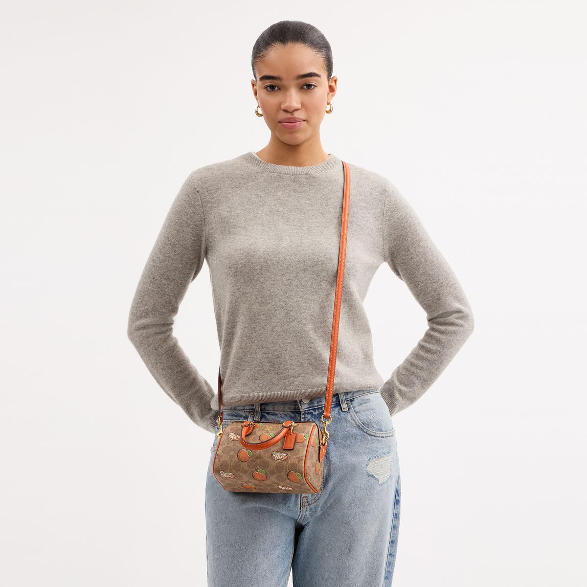 CAL18-Mini Rowan Crossbody Bag In Signature Canvas With Orange Print-Im/Tan Multi