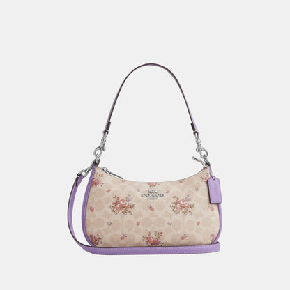 CAL37-TERI SHOULDER BAG IN SIGNATURE CANVAS WITH FLORAL PRINT-SV/SAND MULTI