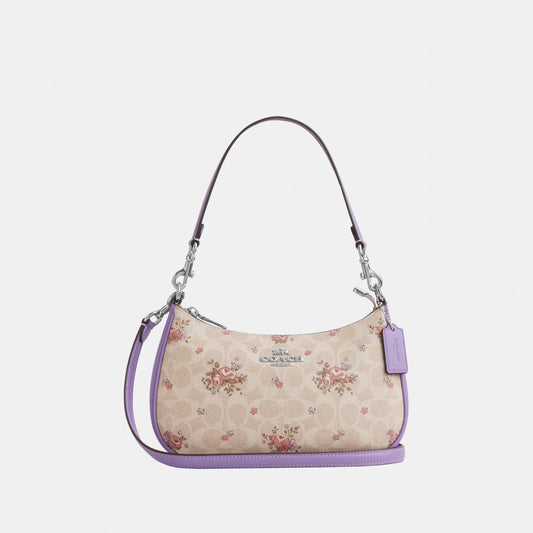 CAL37-TERI SHOULDER BAG IN SIGNATURE CANVAS WITH FLORAL PRINT-SV/SAND MULTI