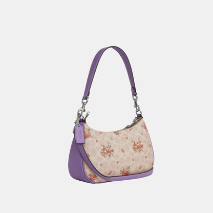 CAL37-TERI SHOULDER BAG IN SIGNATURE CANVAS WITH FLORAL PRINT-SV/SAND MULTI