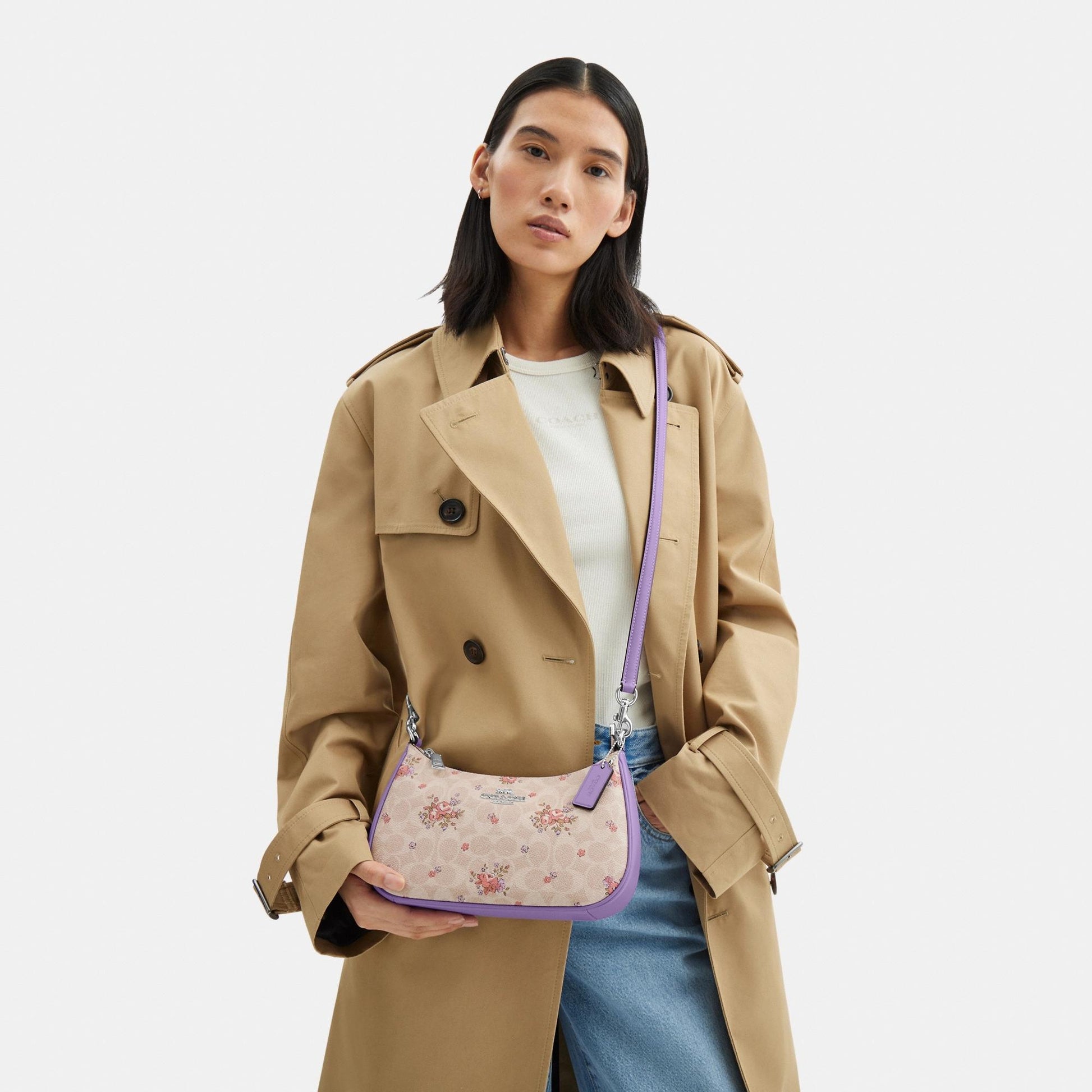 CAL37-TERI SHOULDER BAG IN SIGNATURE CANVAS WITH FLORAL PRINT-SV/SAND MULTI