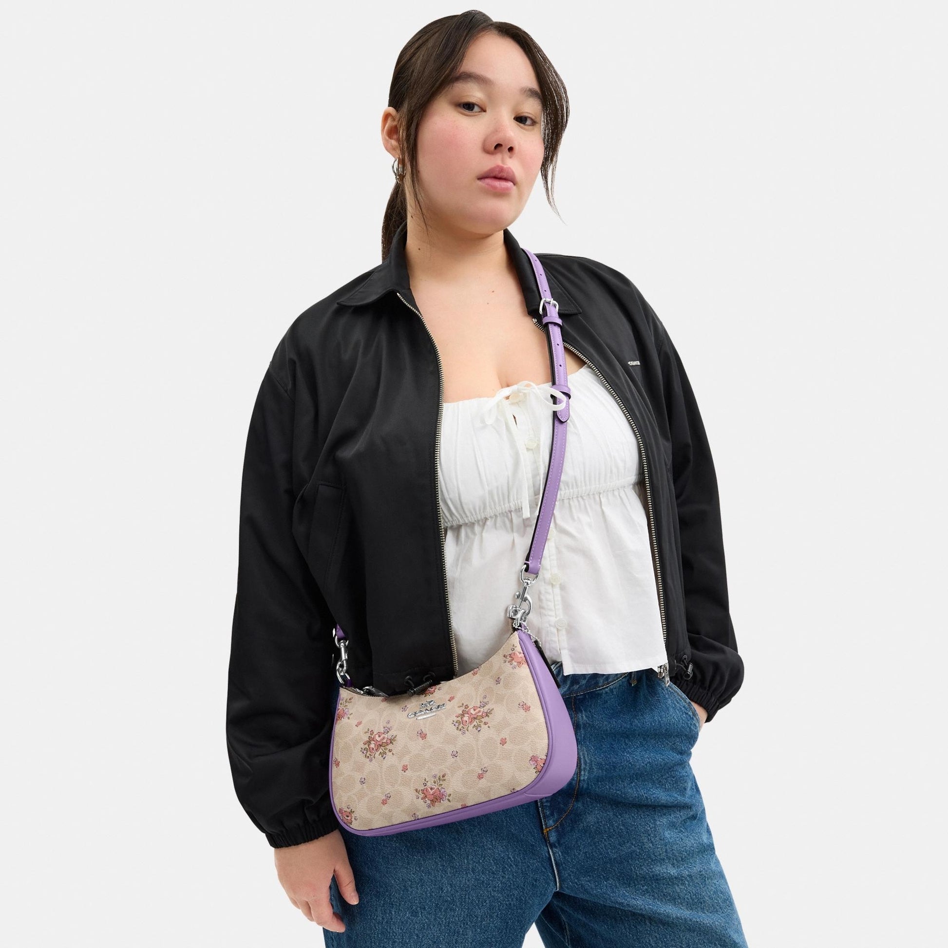 CAL37-TERI SHOULDER BAG IN SIGNATURE CANVAS WITH FLORAL PRINT-SV/SAND MULTI