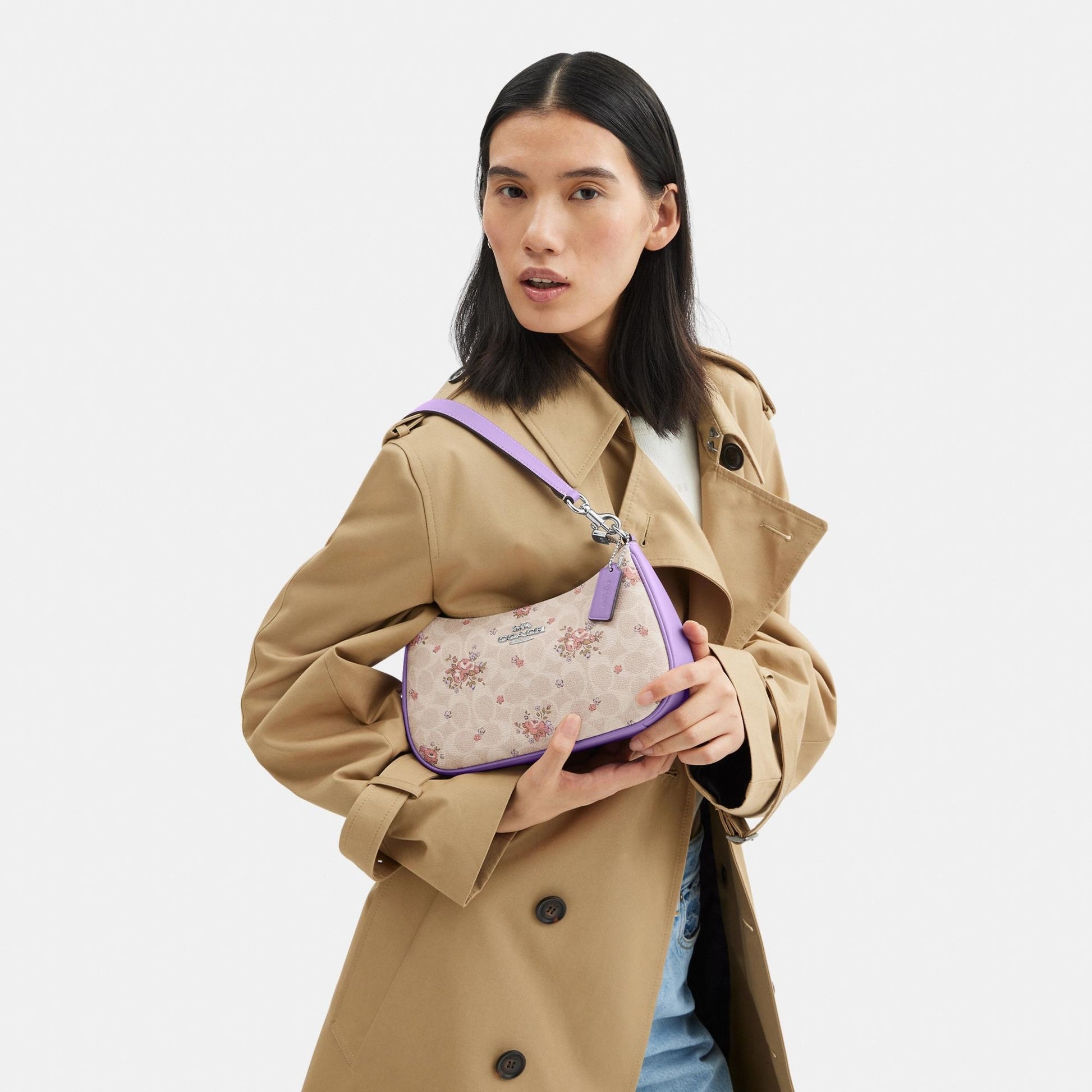 CAL37-TERI SHOULDER BAG IN SIGNATURE CANVAS WITH FLORAL PRINT-SV/SAND MULTI