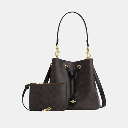 CBH07-Rowan Bucket Bag in Signature Canvas-Im/Walnut/Black