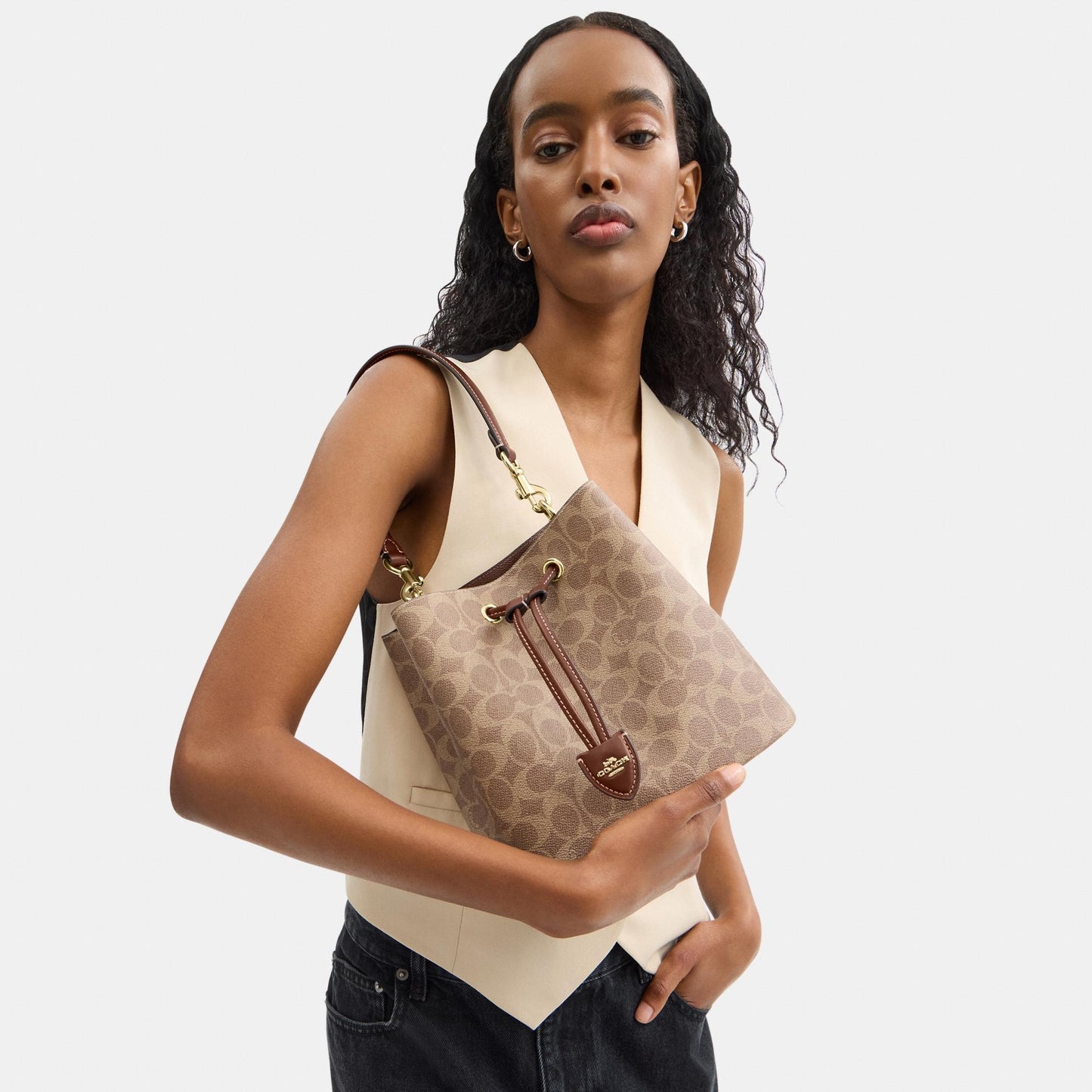 CBH07-Rowan Bucket Bag in Signature Canvas-Im/Tan/Brown