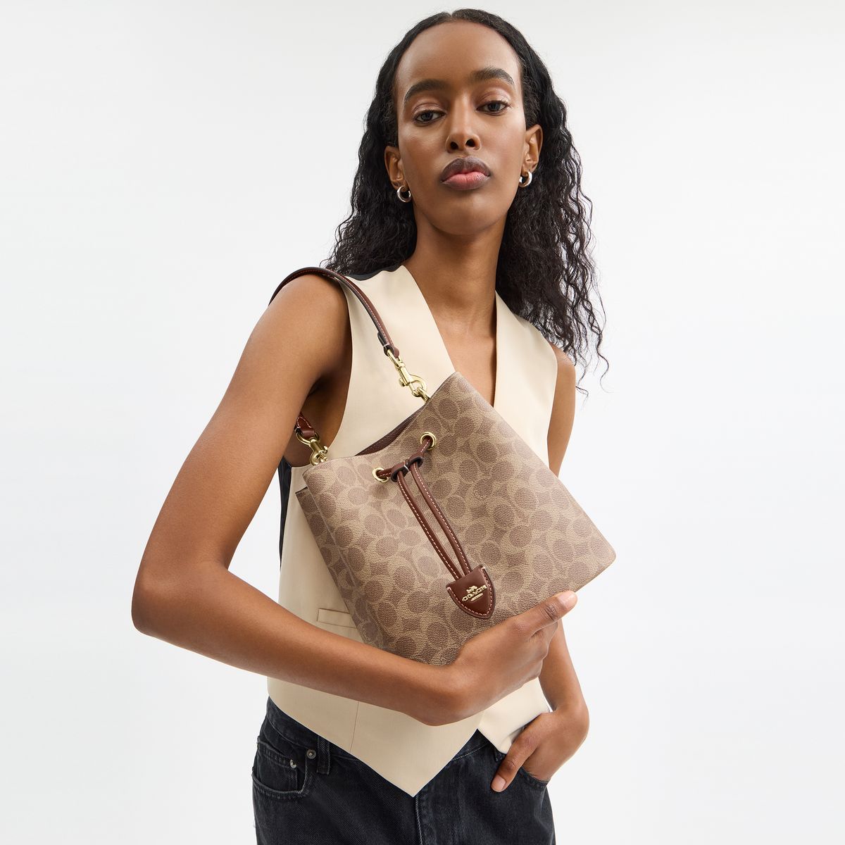 CBH07-Rowan Bucket Bag In Signature Canvas-Im/Tan/Brown