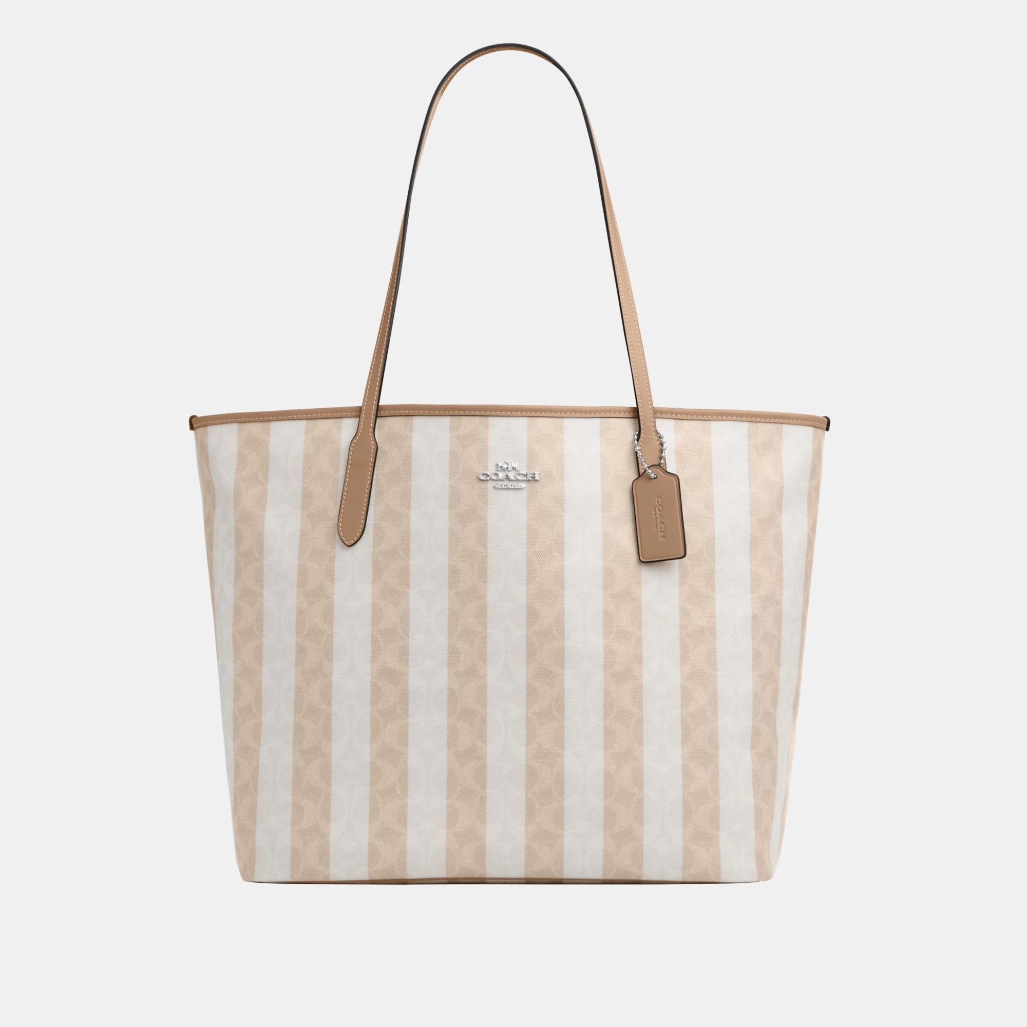 CBI03-Large City Tote Bag In Signature Canvas With Stripe-Sv/Sand/Tan