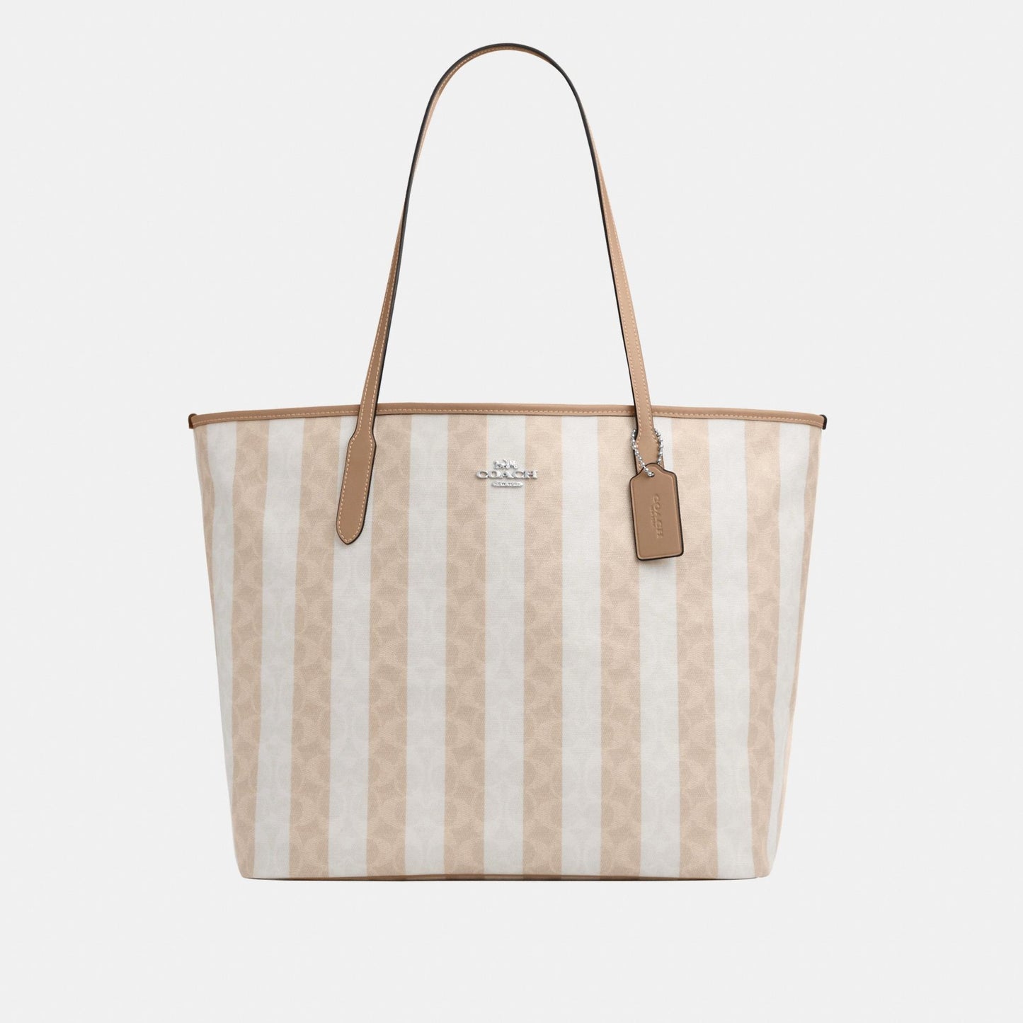 CBI03-Large City Tote Bag In Signature Canvas With Stripe-Sv/Sand/Tan