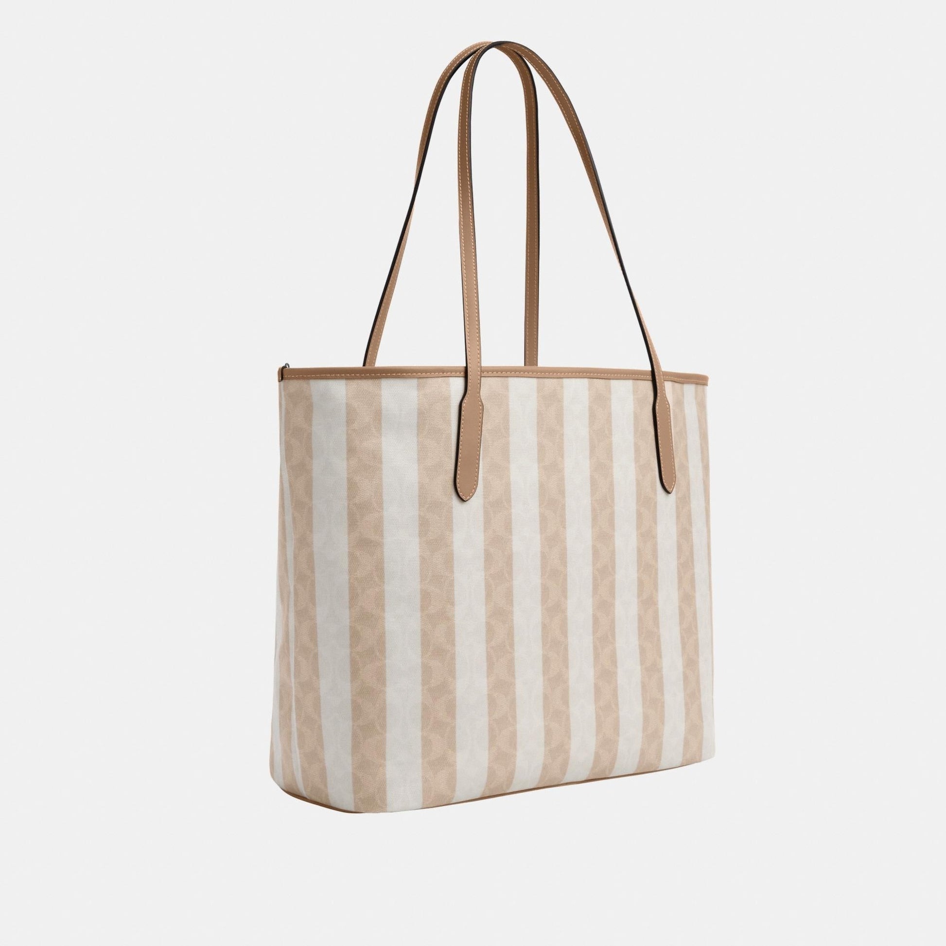 CBI03-Large City Tote Bag In Signature Canvas With Stripe-Sv/Sand/Tan