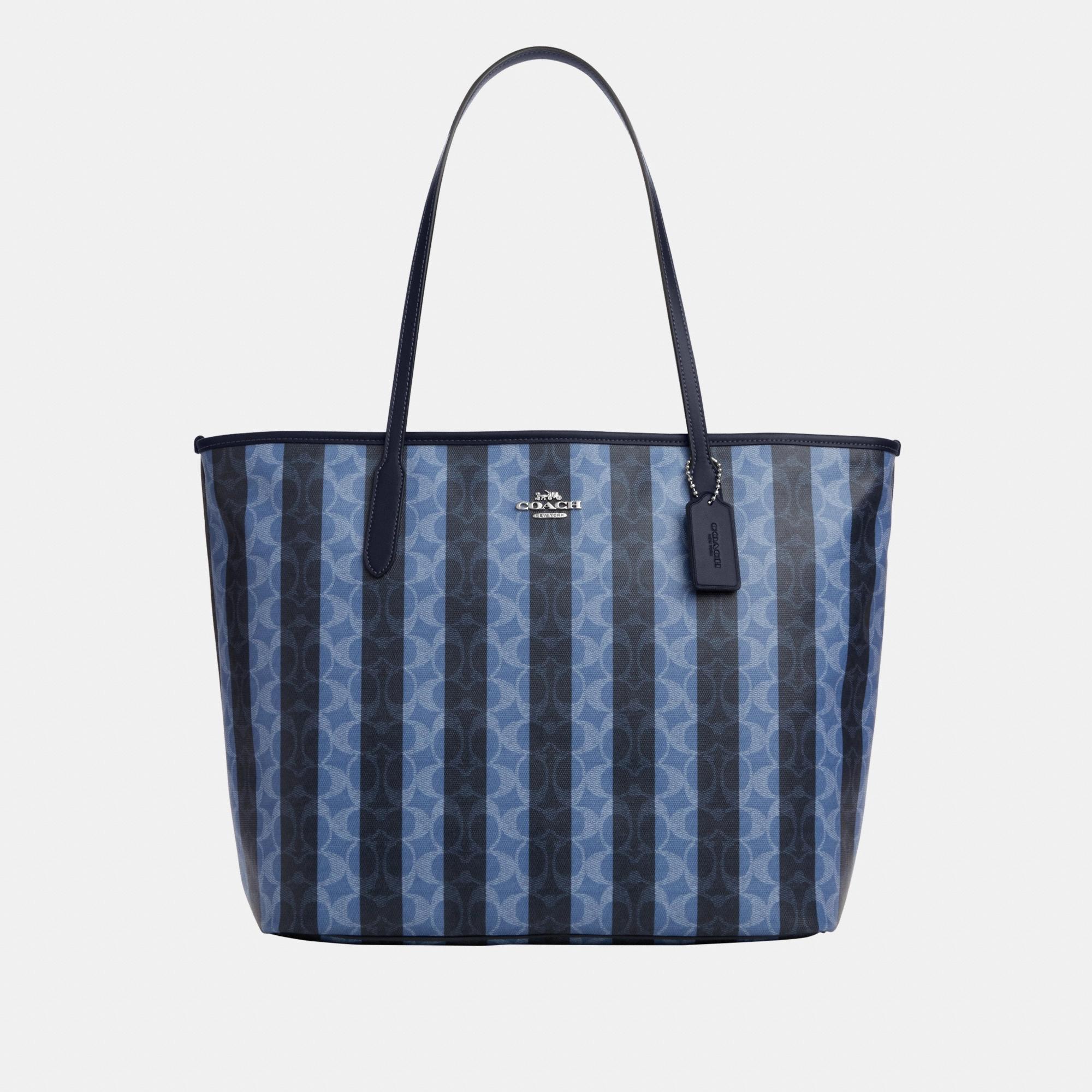 CBI03-Large City Tote Bag In Signature Canvas With Stripe-Sv/Denim/Midnight Navy