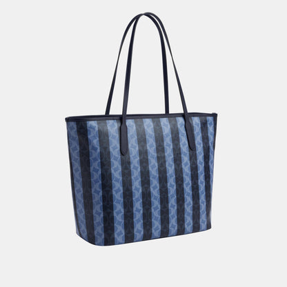 CBI03-Large City Tote Bag In Signature Canvas With Stripe-Sv/Denim/Midnight Navy