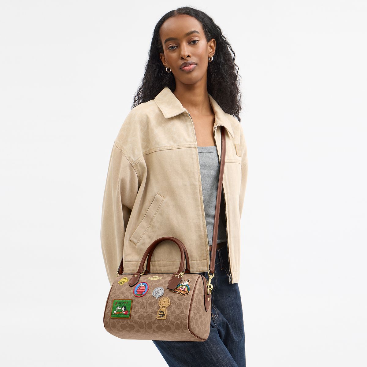 CBJ90-Coach X Peanuts Rowan Satchel Bag In Signature Canvas With Patches-Im/Tan/Brown Multi