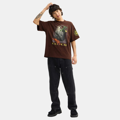 CCA91-Coach Graphic Relaxed T-Shirt In Organic Cotton-Brown