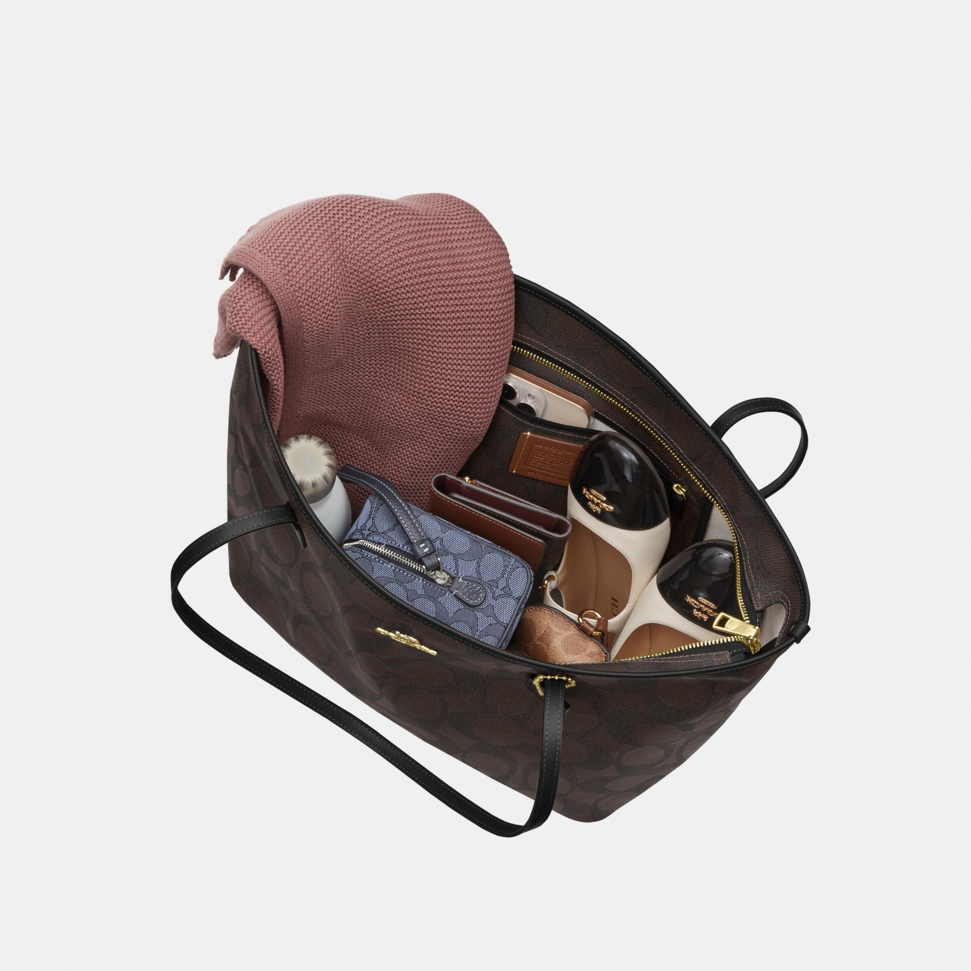 CCD66-Large City Tote Bag in Maxi Signature Canvas-Im/Walnut/Black
