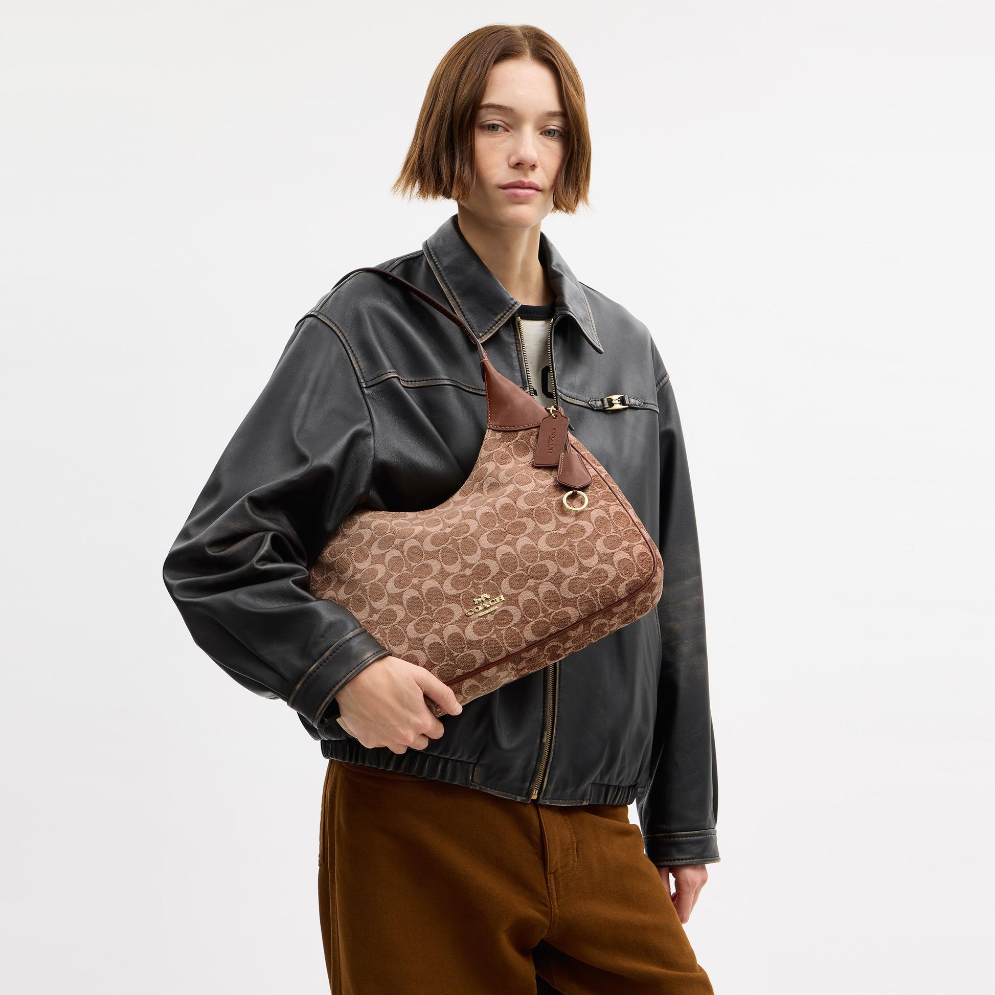 CCE49-Ella Shoulder Bag in Signature Chenille-Im/Light Khaki/Vintage Brown