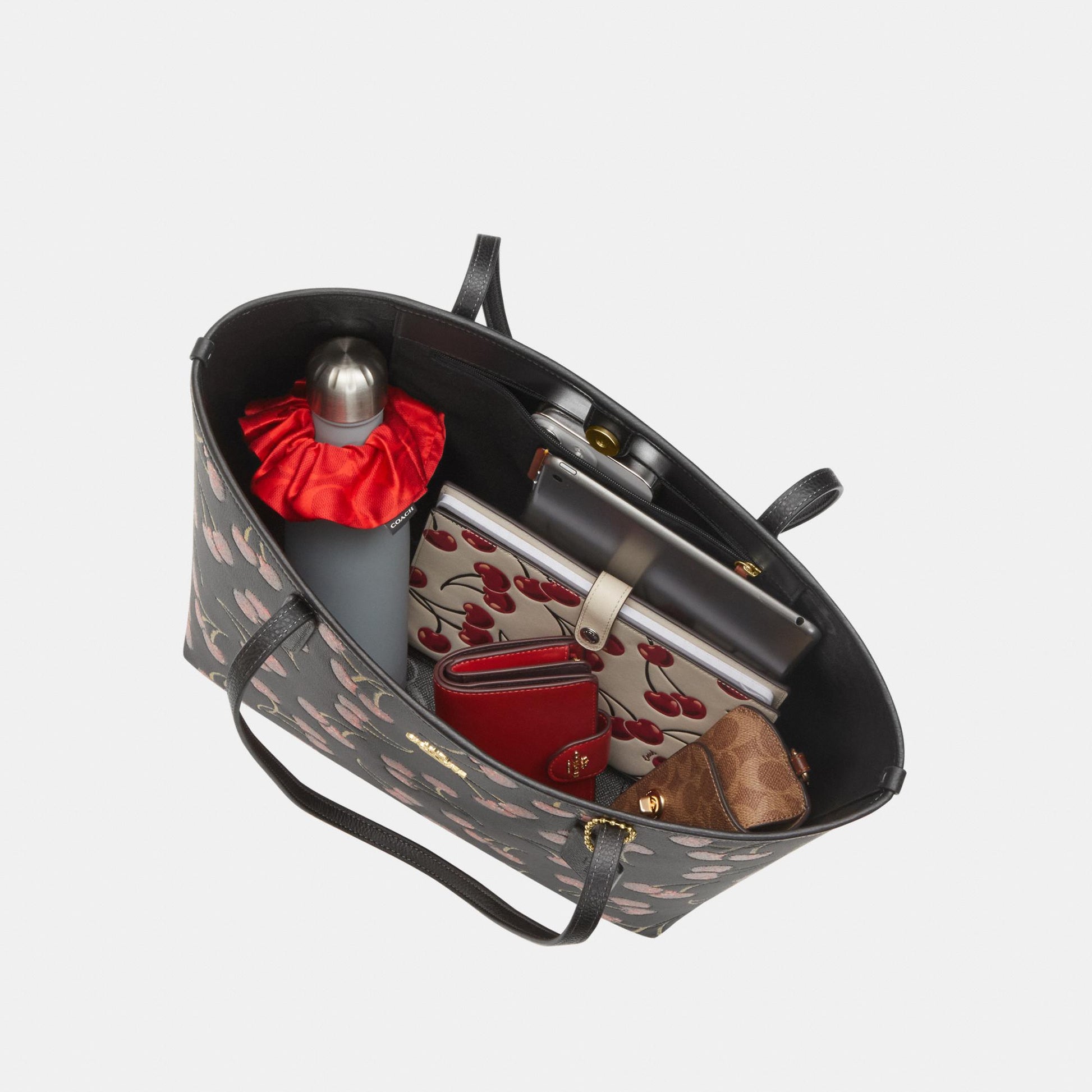 CCZ18-City Tote Bag with Cherry Print-Im/Black Multi