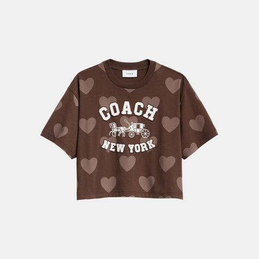 CDI34-Cropped Horse and Carriage Heart T Shirt-Brown